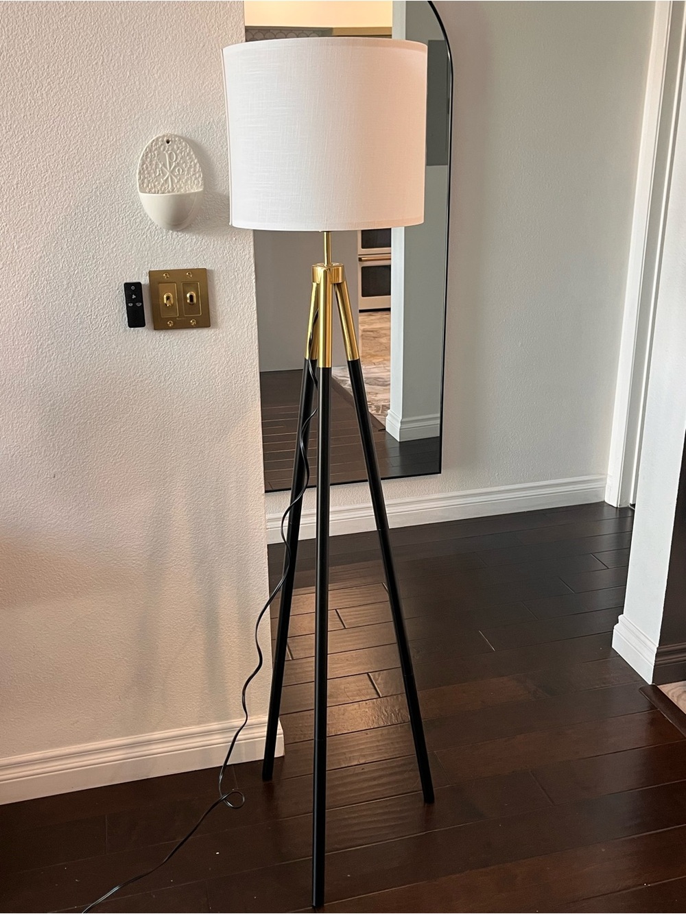 Modern Black & White Tripod Floor Lamp with Gold Accent